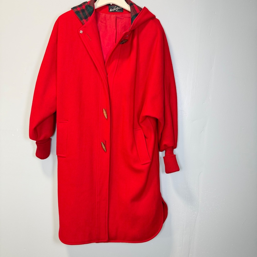 Vintage Miss New Yorker Red Wool Blend Hooded Toggle Duster Coat USA Made Medium